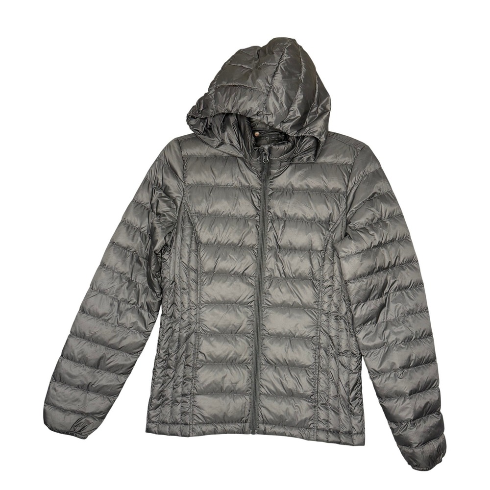 Heatkeep Down Puffer Jacket Size S Gray Hooded Quilted Full Zip Lightweight
